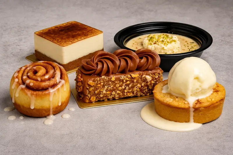 Moi Doughssier pastry spread — cinnamon roll, tiramisu, entremet, cookie with ice cream